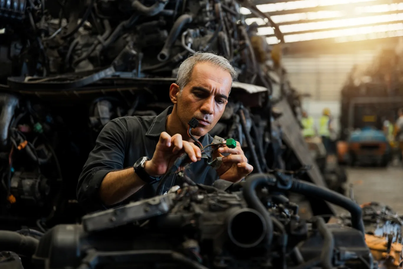 A diesel technician inspecting engine wiring during a mobile diesel repair in Seattle, ensuring on-site service and fast diagnostics for heavy-duty vehicles.