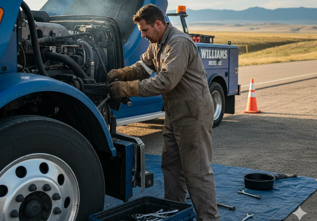 A mechanic in work gloves and a jumpsuit performs reliable semi truck repair on a blue truck by the side of a road, with tools laid out on a blue tarp. In the background, a tow truck from "Williams Diesel" is visible under a clear sky, suggesting a service that also offers reliable semi truck repair in Seattle and surrounding areas.