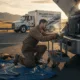 A male mechanic wearing a brown jumpsuit and work gloves is squatting next to a white commercial truck with its hood open, actively engaged in commercial truck repair in Seattle. He is focused on the engine, with tools neatly arranged on a rolling cart beside him and on a blue tarp on the ground. In the background, another white "Williams Diesel LLC Mobile Repair" truck is parked on the shoulder of the road under a vast sky with mountains in the distance, suggesting an on-location repair service.