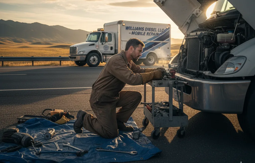 A male mechanic wearing a brown jumpsuit and work gloves is squatting next to a white commercial truck with its hood open, actively engaged in commercial truck repair in Seattle. He is focused on the engine, with tools neatly arranged on a rolling cart beside him and on a blue tarp on the ground. In the background, another white "Williams Diesel LLC Mobile Repair" truck is parked on the shoulder of the road under a vast sky with mountains in the distance, suggesting an on-location repair service.