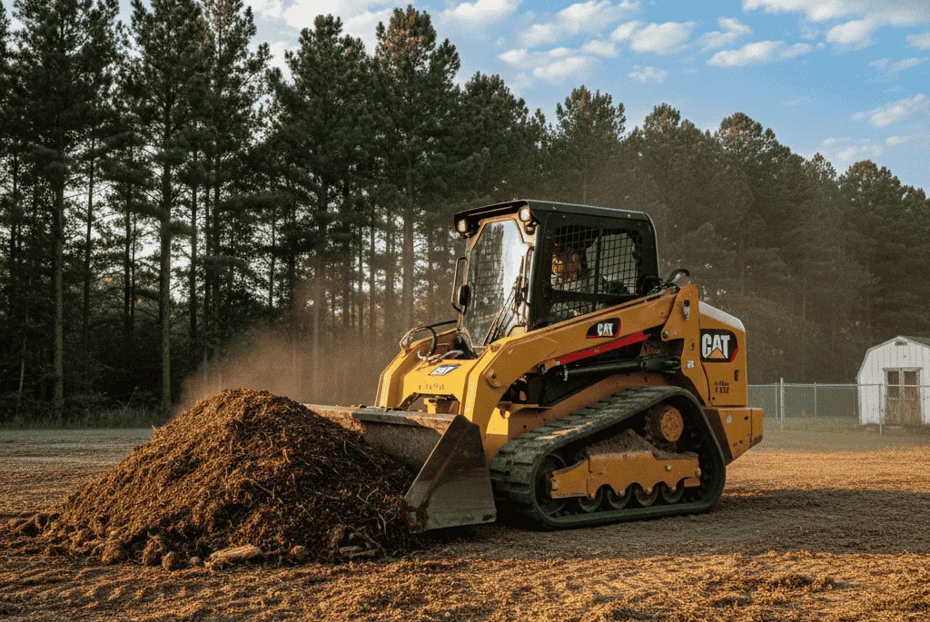 A yellow CAT compact track loader is actively pushing a pile of dark brown mulch on a sunny day, with tall pine trees in the background, making it an ideal visual for a compact track loader rental service.