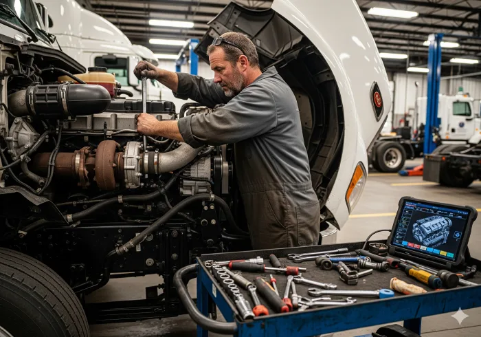 Experienced mechanic for semi trucks in Seattle performing diesel engine repair inside a professional truck repair shop with diagnostic tools and equipment.