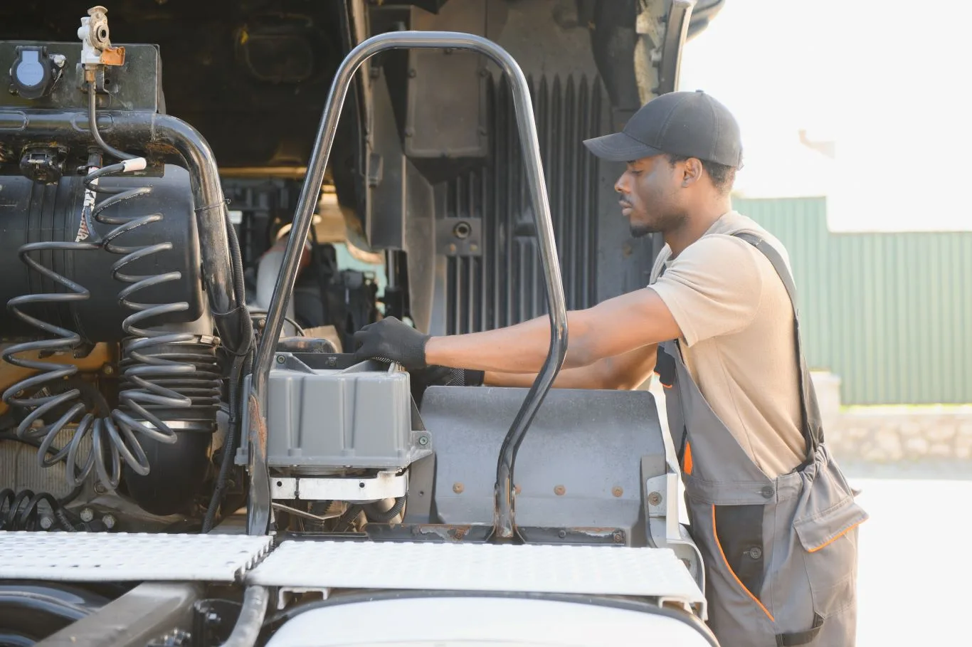 Semi truck mechanic in Seattle performing engine inspection and repair on a commercial truck for reliable roadside and workshop service.