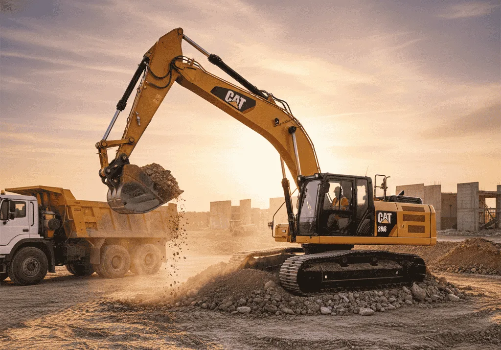 A large yellow excavator loads soil into a dump truck at a construction site during sunset, illustrating heavy-duty construction equipment rental in use for earthmoving and site preparation.