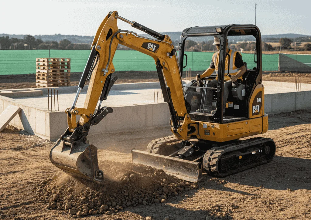 A construction worker operating a compact CAT excavator on a job site, representing professional and reliable excavator rental in Seattle for residential and commercial projects.