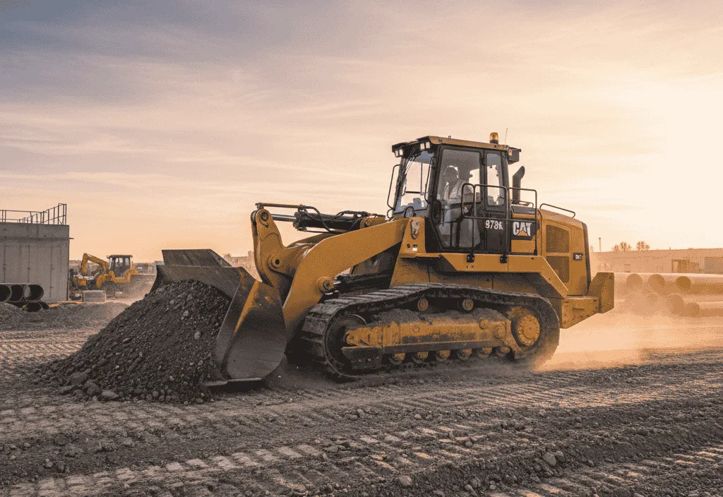 A large yellow bulldozer moves soil on a construction site at sunset, showcasing the power and reliability of heavy equipment rental for earthmoving and site preparation projects.