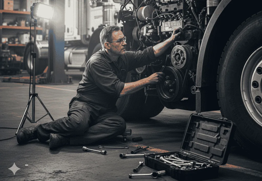 A mechanic, wearing glasses and work clothes, is kneeling on the ground while working on the engine of a large vehicle in a garage, with a toolbox full of wrenches and tools open in the foreground. The image highlights diesel repair services.
