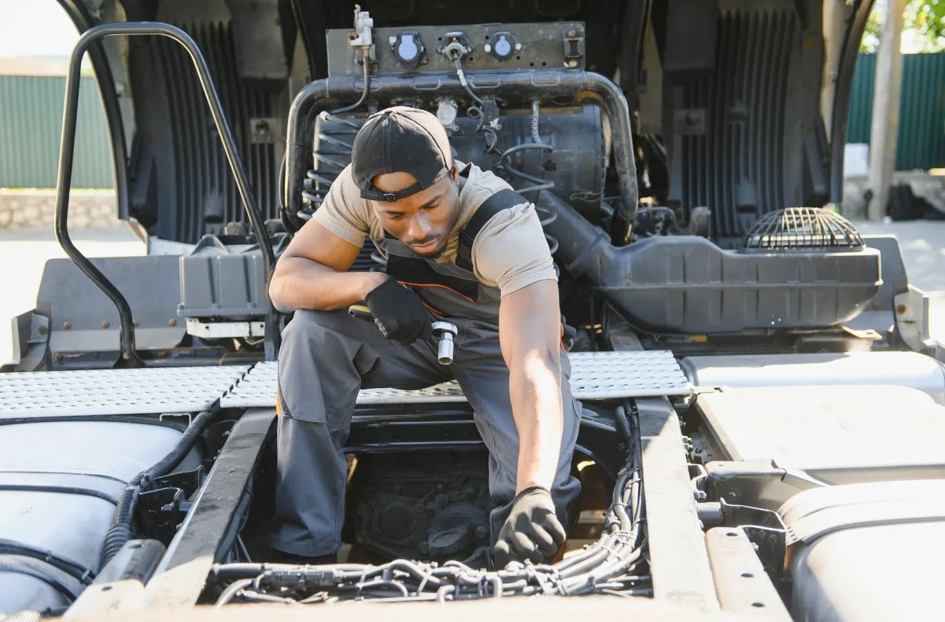 A male mechanic in work overalls and a baseball cap is crouching over the open engine bay of a large truck, inspecting and working on the wiring and components. This image represents diesel truck repair services.