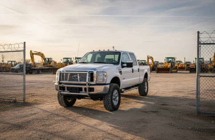 Ford F350 Truck Rental displayed in an open industrial lot, showcasing a sturdy white Ford F350 parked near construction equipment under a soft evening sky.