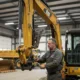 A technician performing heavy equipment repair on a large excavator inside a workshop, using tools to adjust the machinery while surrounded by other construction vehicles.
