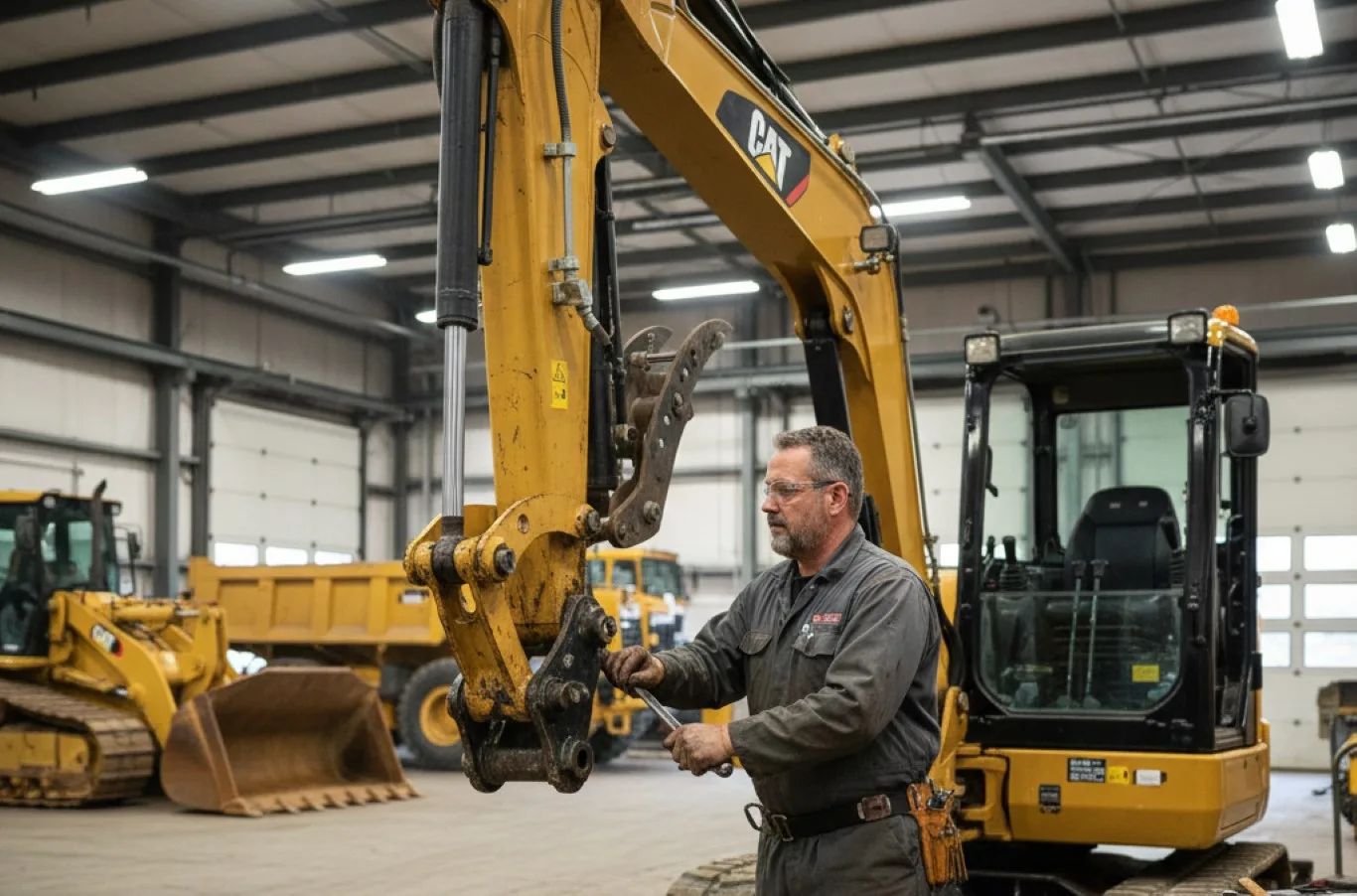 A technician performing heavy equipment repair on a large excavator inside a workshop, using tools to adjust the machinery while surrounded by other construction vehicles.