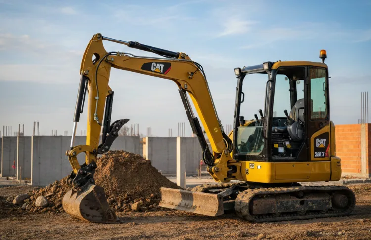 A compact CAT machine parked at a construction site, representing a mini excavator rental option for digging and small earthmoving projects.