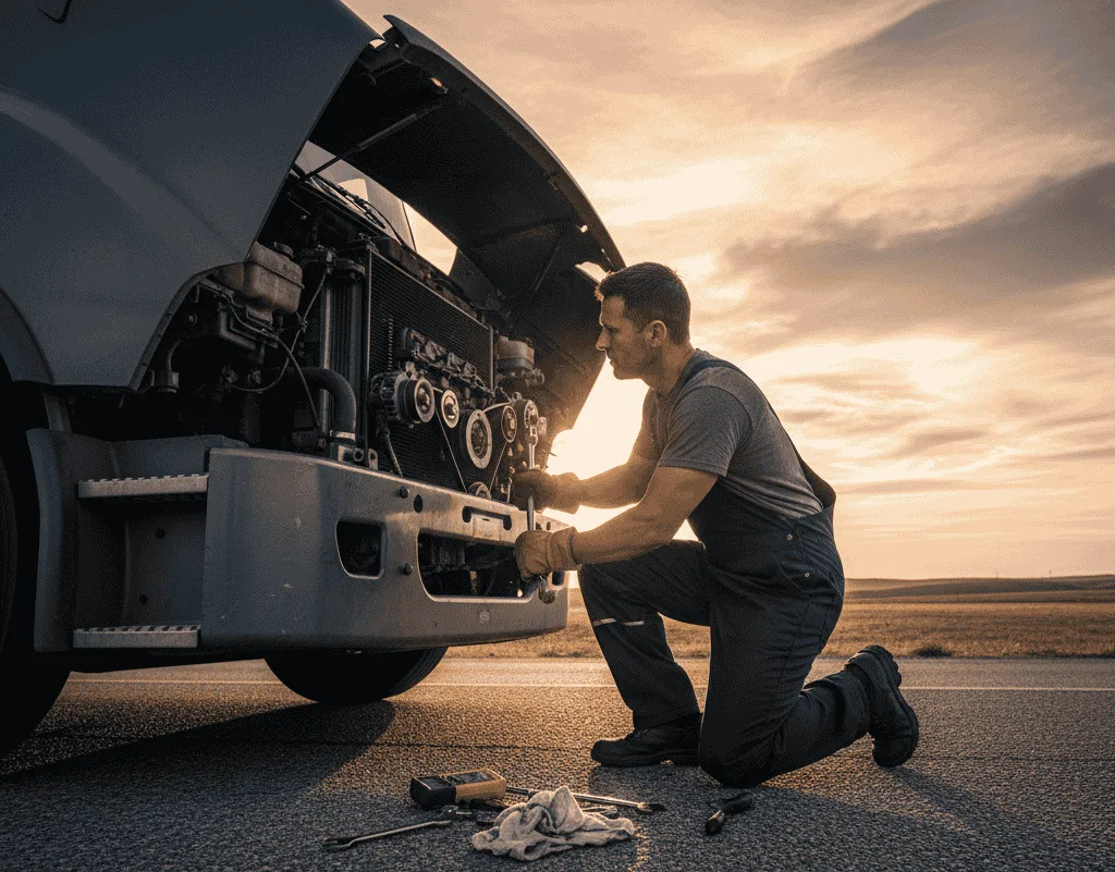 A mechanic performing mobile diesel repair on a truck engine at sunset, showing on-site roadside service and professional diesel maintenance in Seattle, Washington.