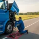 A mobile truck repair technician working on a blue semi-truck on the roadside, using tools to fix an engine issue in a rural area.