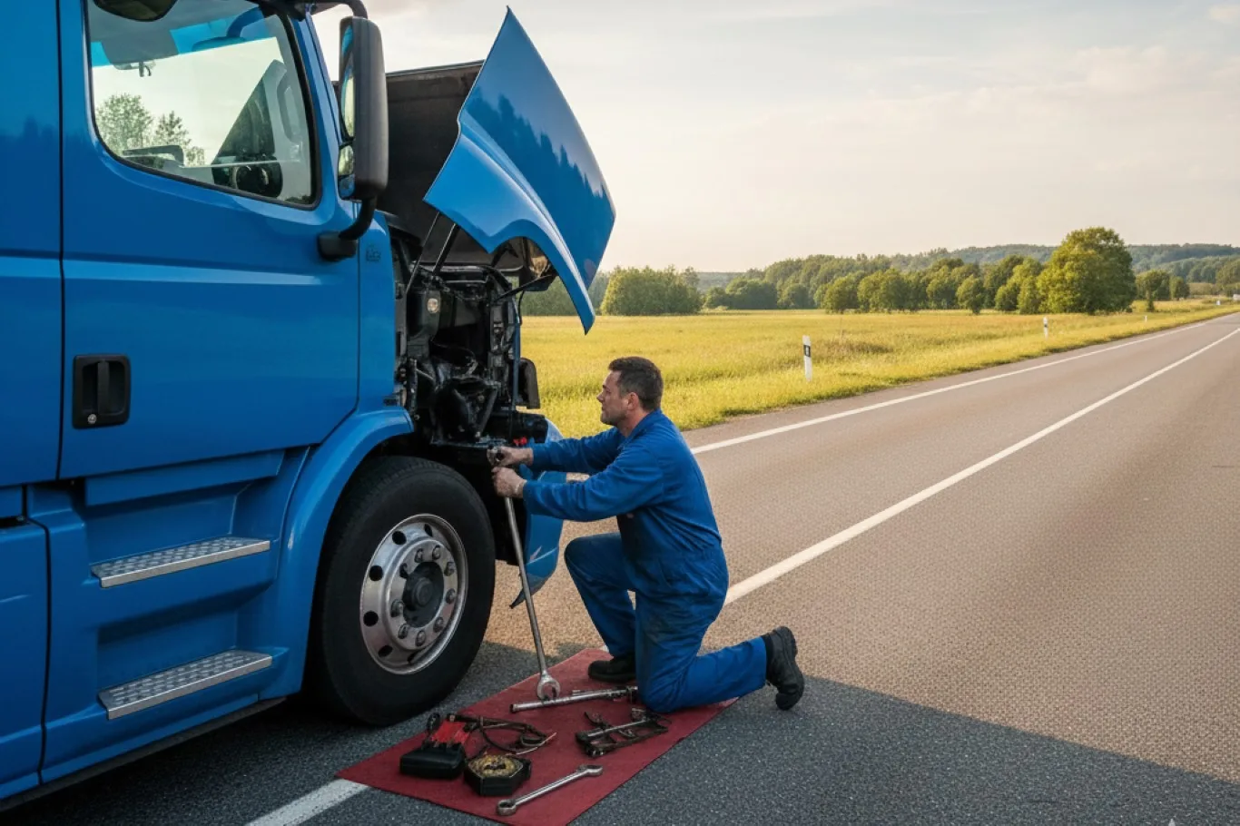 A mobile truck repair technician working on a blue semi-truck on the roadside, using tools to fix an engine issue in a rural area.