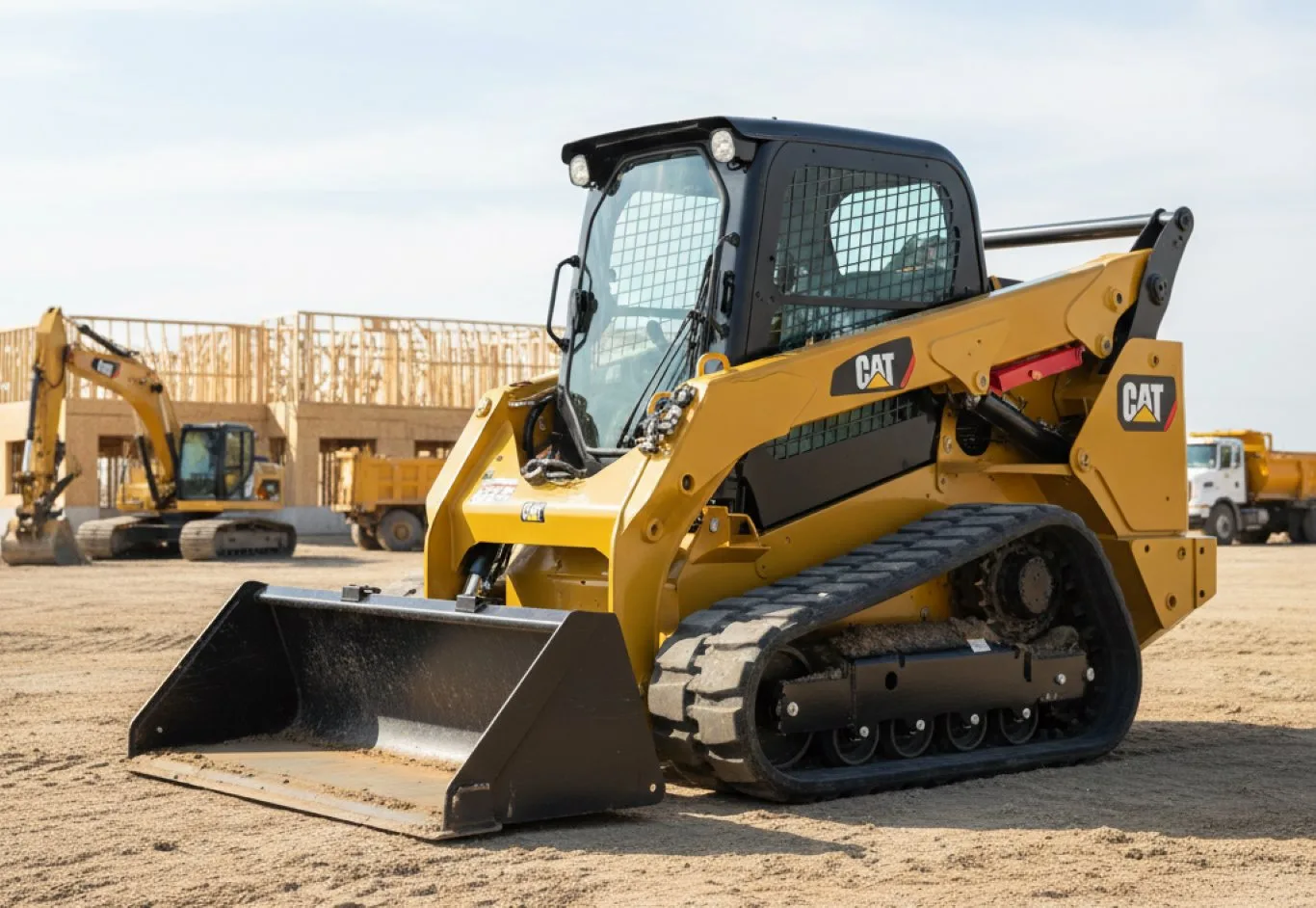 A compact track loader at work on a construction site, with its bucket resting on the ground and other heavy equipment visible in the background.