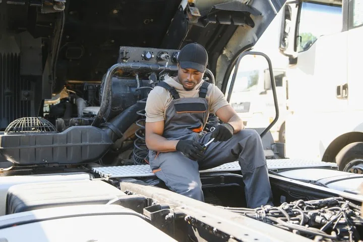 A skilled diesel truck mechanic working under the hood of a large truck