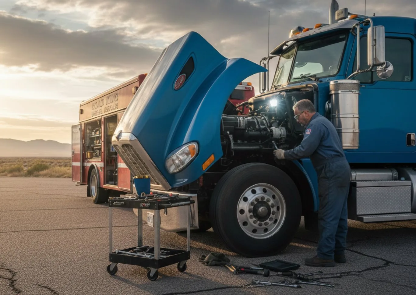 A technician performing mobile diesel repair on a large blue truck parked on the roadside, with tools and a service vehicle nearby during a sunset.