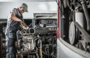A skilled mechanic for semi trucks inspecting and repairing a large diesel engine inside a workshop