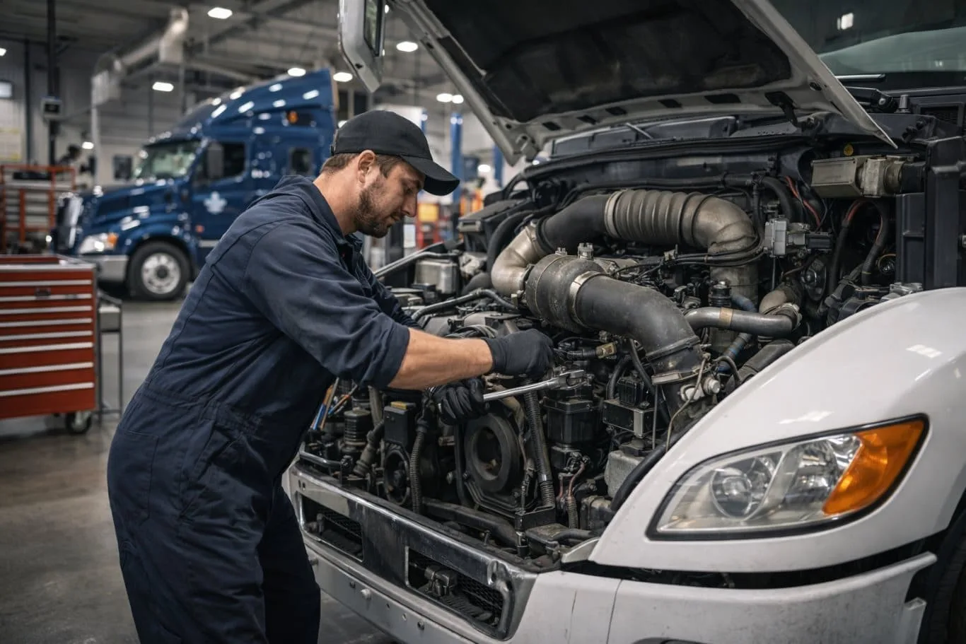 A mechanic performing commercial truck repair on a heavy-duty vehicle inside a professional workshop, ensuring the engine runs efficiently and safely.