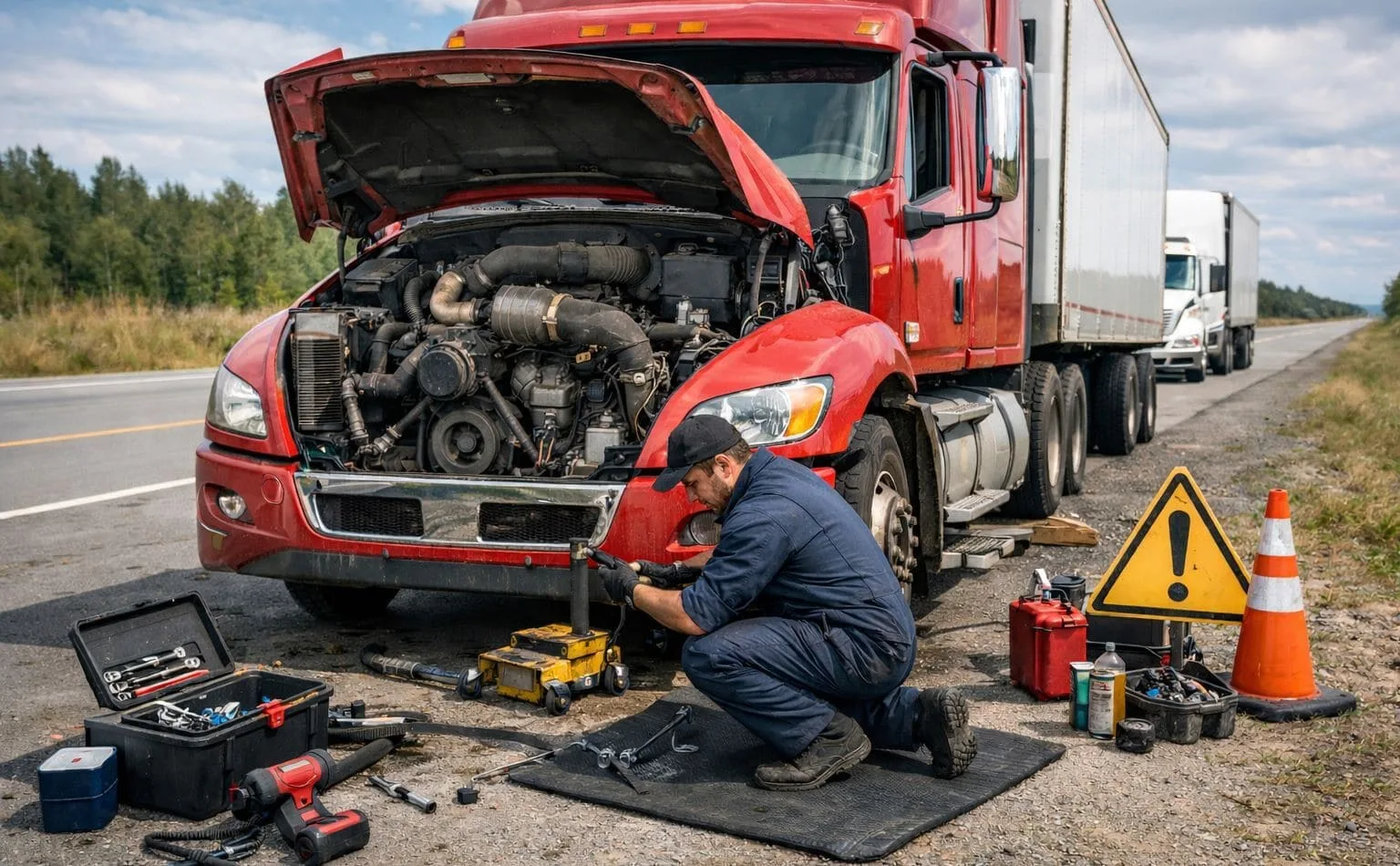 A mechanic performing semi truck repair on a red truck that broke down on the highway, using professional tools and safety cones for roadside service.