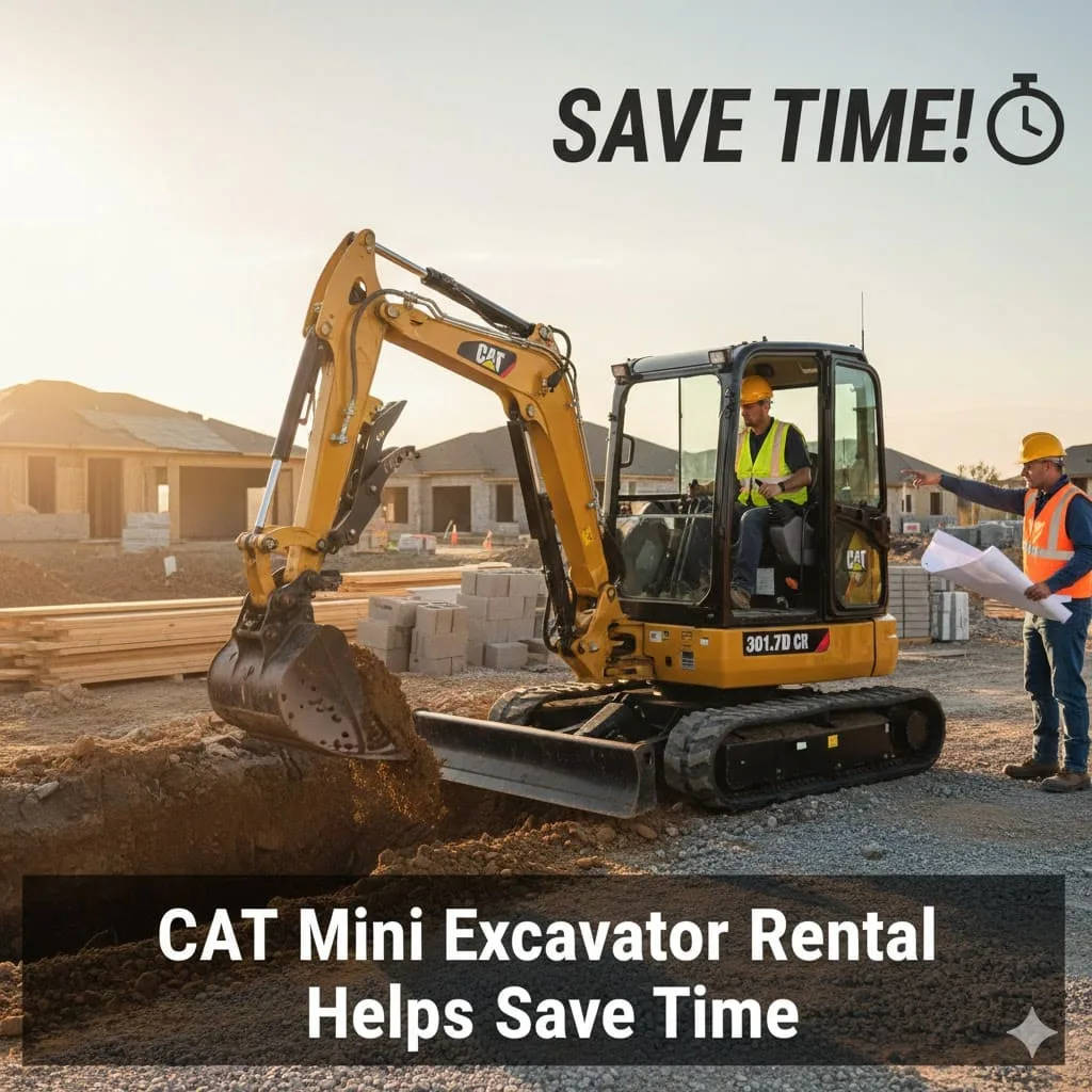 Two construction workers operate a CAT mini excavator rental on a job site during daylight, showcasing efficient digging and time-saving performance made possible through professional commercial equipment rental services.