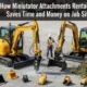 Two mini excavators with various tools and buckets displayed on a construction site, showcasing efficient mini excavator attachments rental options for versatile job site use.