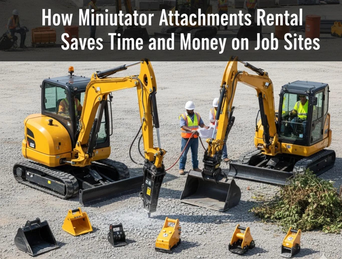 Two mini excavators with various tools and buckets displayed on a construction site, showcasing efficient mini excavator attachments rental options for versatile job site use.