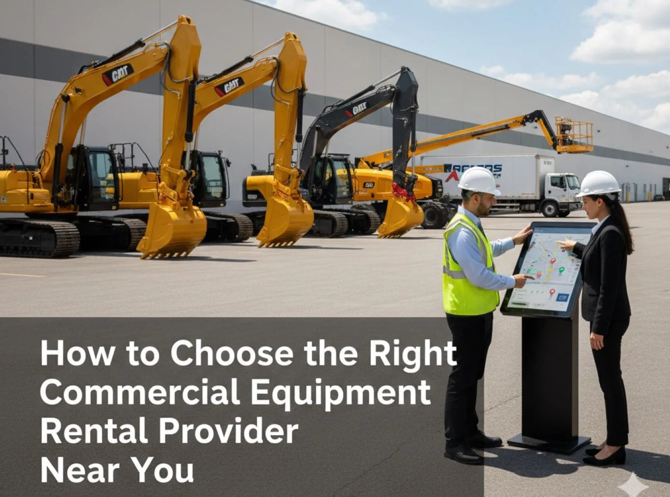 Two professionals discussing project plans in front of excavators at a rental facility, representing reliable commercial equipment rental services for construction projects.
