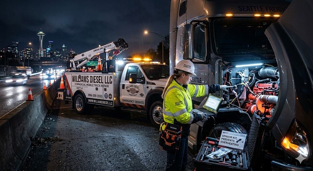 Technician performing commercial mobile truck repair on a semi-truck at night, diagnosing engine issues on-site with a service vehicle parked nearby.