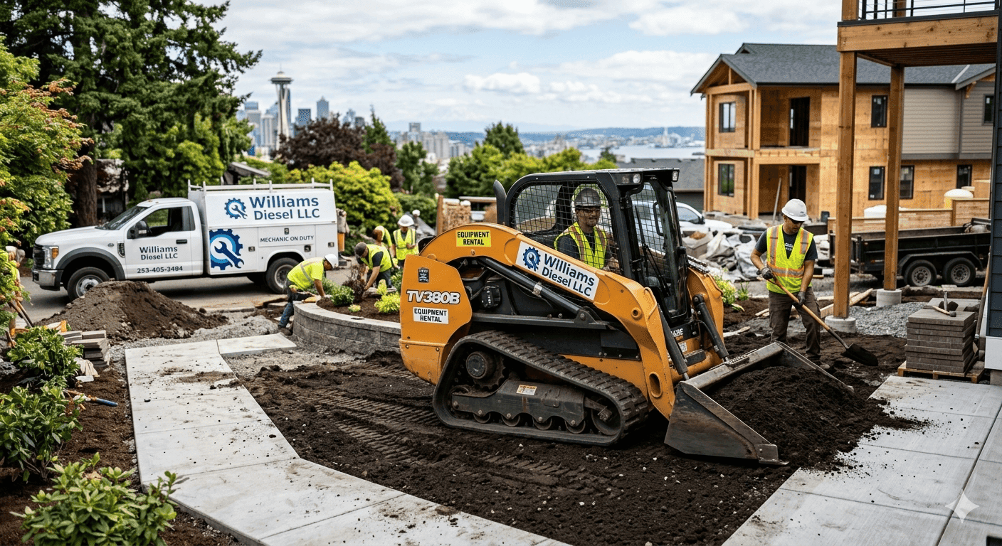 A Williams Diesel LLC compact loader working on a residential landscaping project in Seattle, efficiently moving soil to boost productivity on a job site.