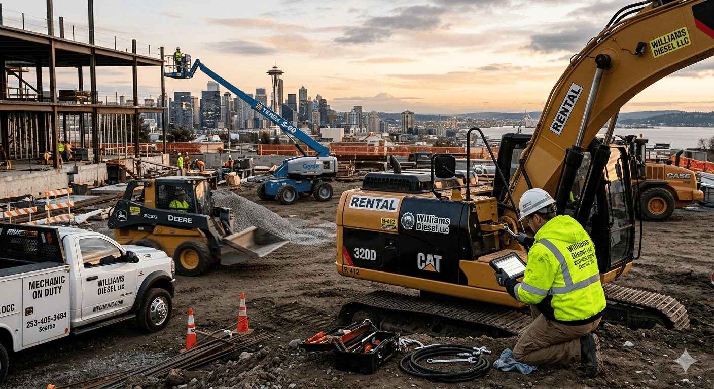 Professional construction equipment for rent at a Seattle job site, featuring a mechanic-maintained yellow excavator and skid steer being inspected by a technician for minor repair services.