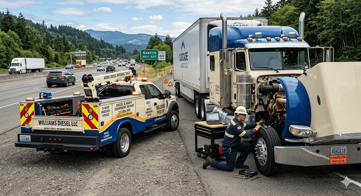 A fully equipped commercial mobile diesel mechanic truck pulled up on the highway shoulder to perform rapid on-site troubleshooting for a stranded semi-truck.