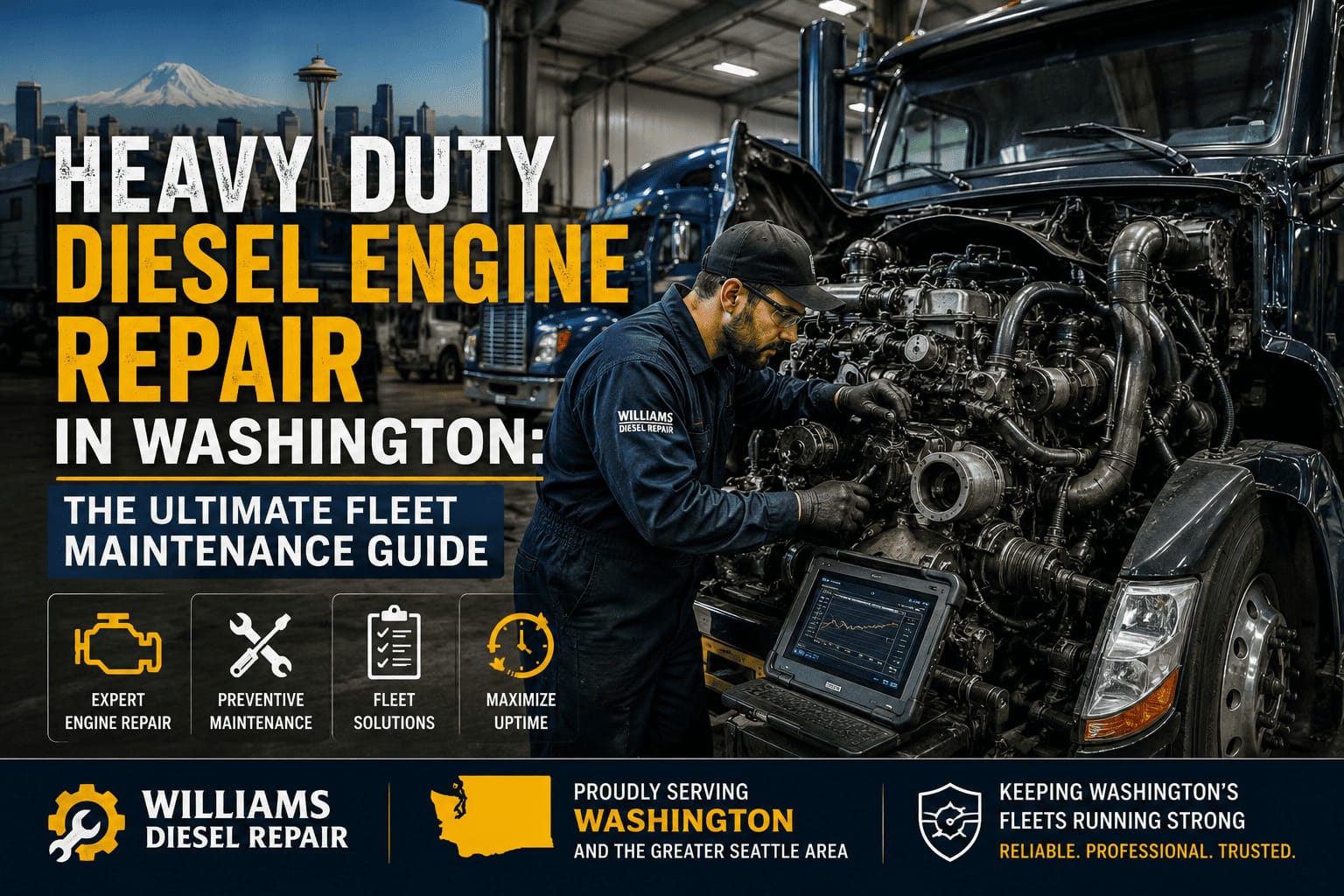 A clean, professional view of an open commercial vehicle engine bay inside a service facility where precision heavy duty diesel engine repair is actively being performed by a technician.