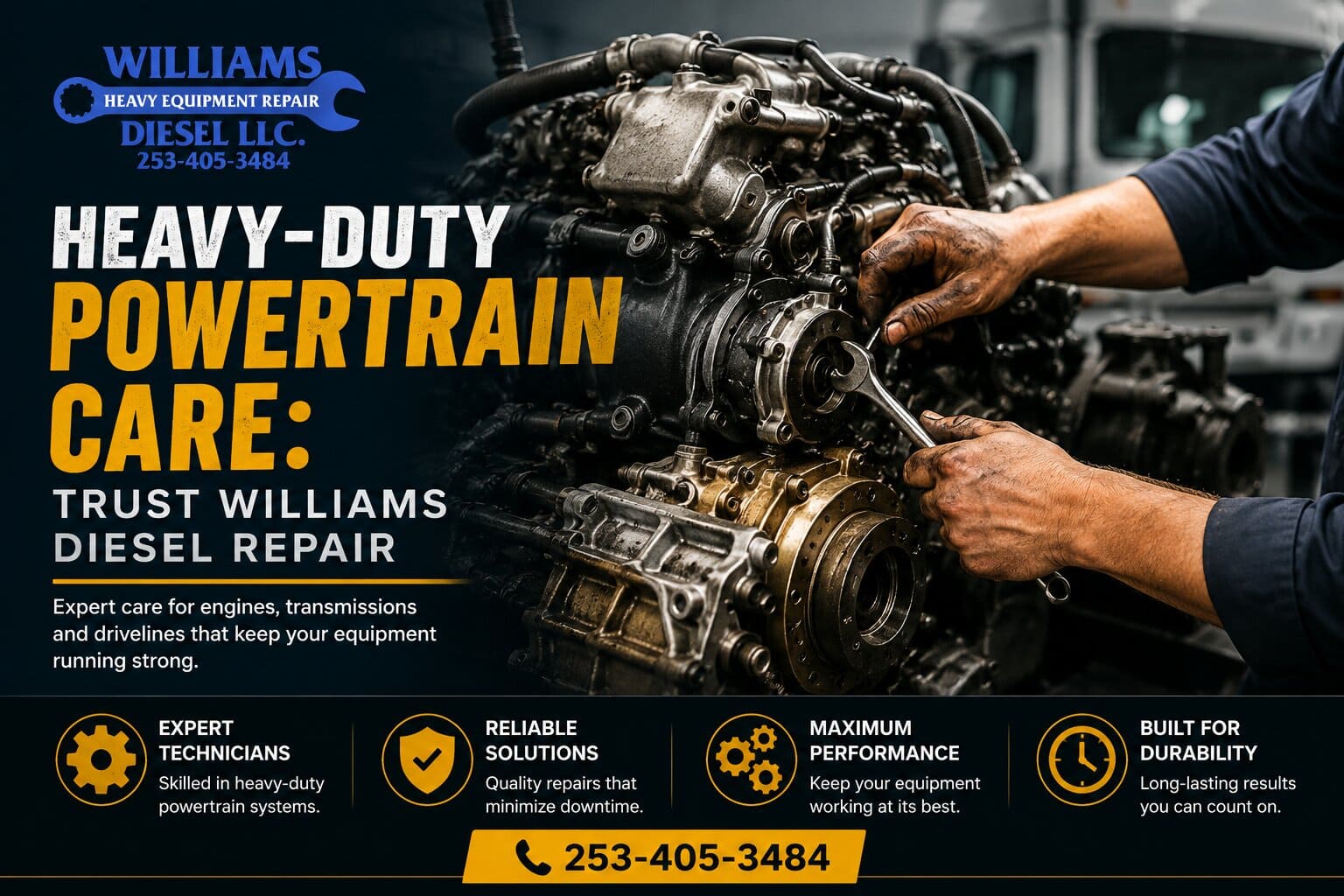 A heavy-duty commercial truck undergoing comprehensive engine diagnostics inside a modern service bay utilizing the professional services of william diesel repair.