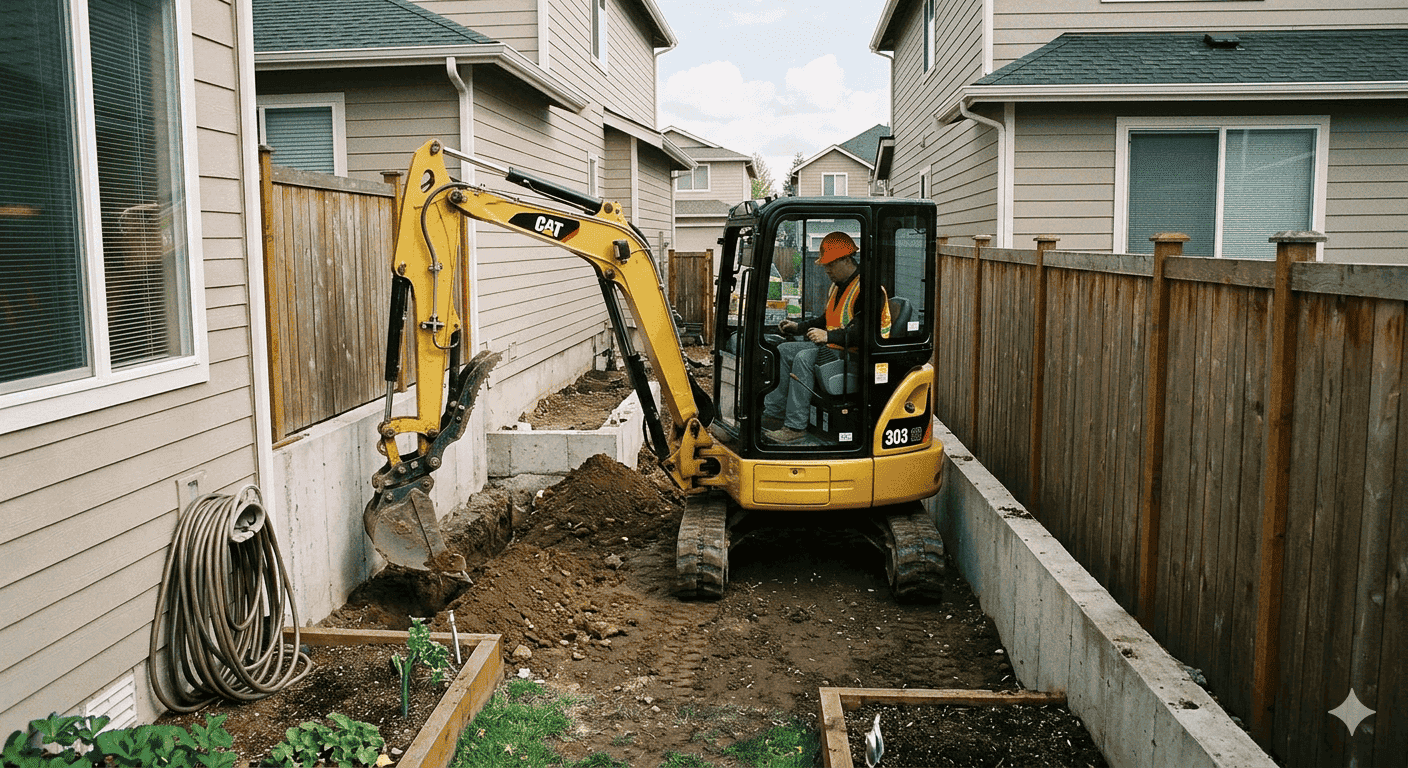 A compact yellow mini excavator working next to a suburban house foundation, demonstrating how the specific caterpillar 303 weight balances heavy breakout force with a turf-friendly layout to prevent structural property damage.