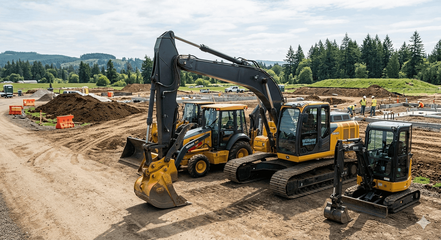 A line of professional excavating equipment, including a tracked excavator and backhoe loaders, parked on a construction site development plot.