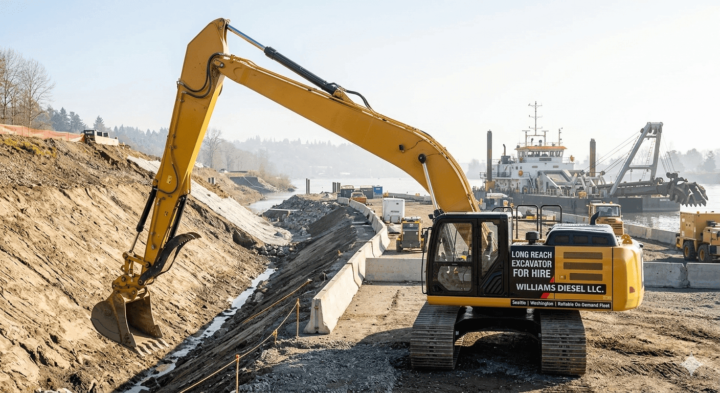 A heavy-duty long reach excavator for rent safely grading a steep shoreline embankment from a stable position far back from the unstable edge.