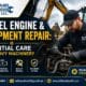 A professional mechanic performing a detailed diesel engine & equipment repair on a heavy-duty industrial loader at a job site.