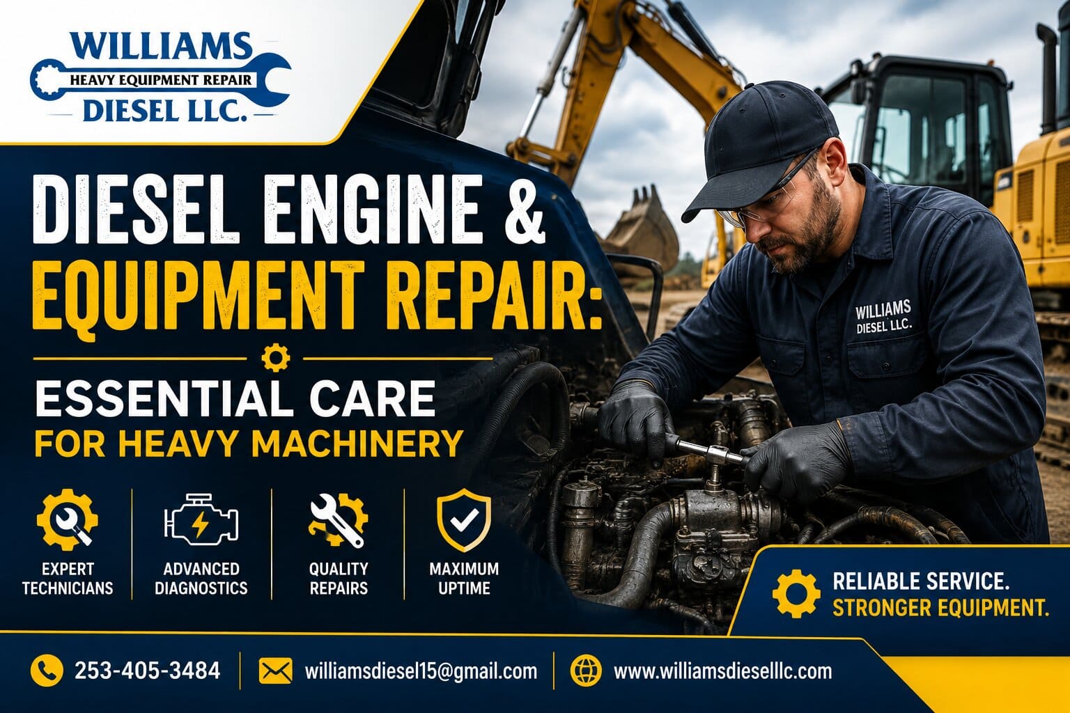 A professional mechanic performing a detailed diesel engine & equipment repair on a heavy-duty industrial loader at a job site.