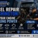 A professional technician performing diesel repair washington on a heavy-duty truck engine to diagnose power loss in a modern repair shop.