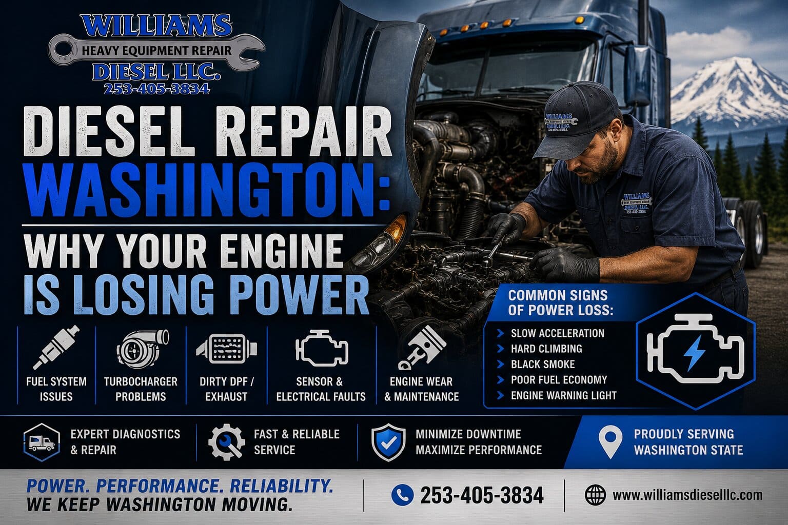 A professional technician performing diesel repair washington on a heavy-duty truck engine to diagnose power loss in a modern repair shop.