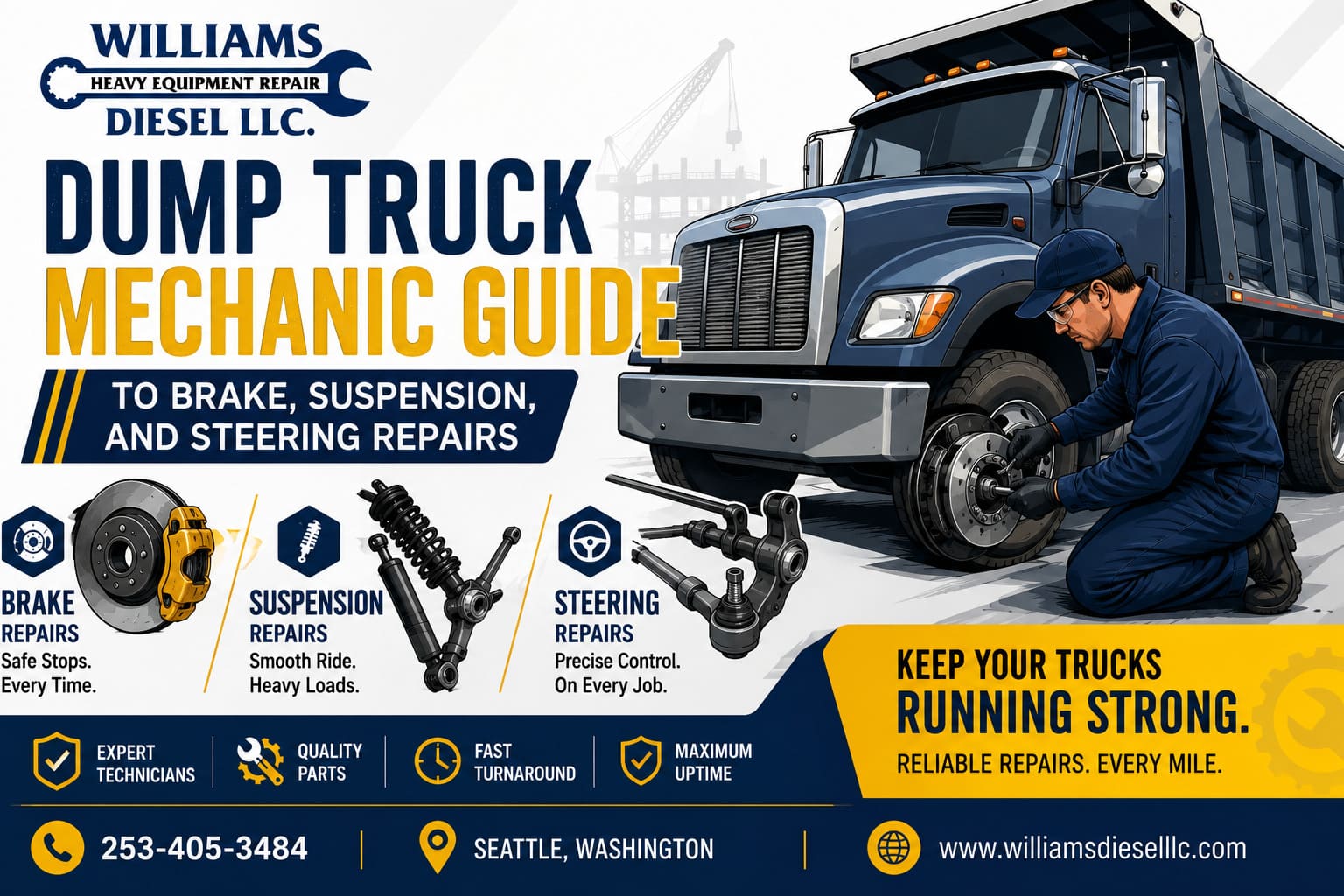 A professional heavy-duty dump truck mechanic in safety gear inspects the brake drum and air brake lines of a commercial construction truck on an active job site.