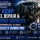 A professional mobile service truck arriving to perform asap diesel repair & roadside assistance on a commercial tractor-trailer stopped on the highway shoulder.