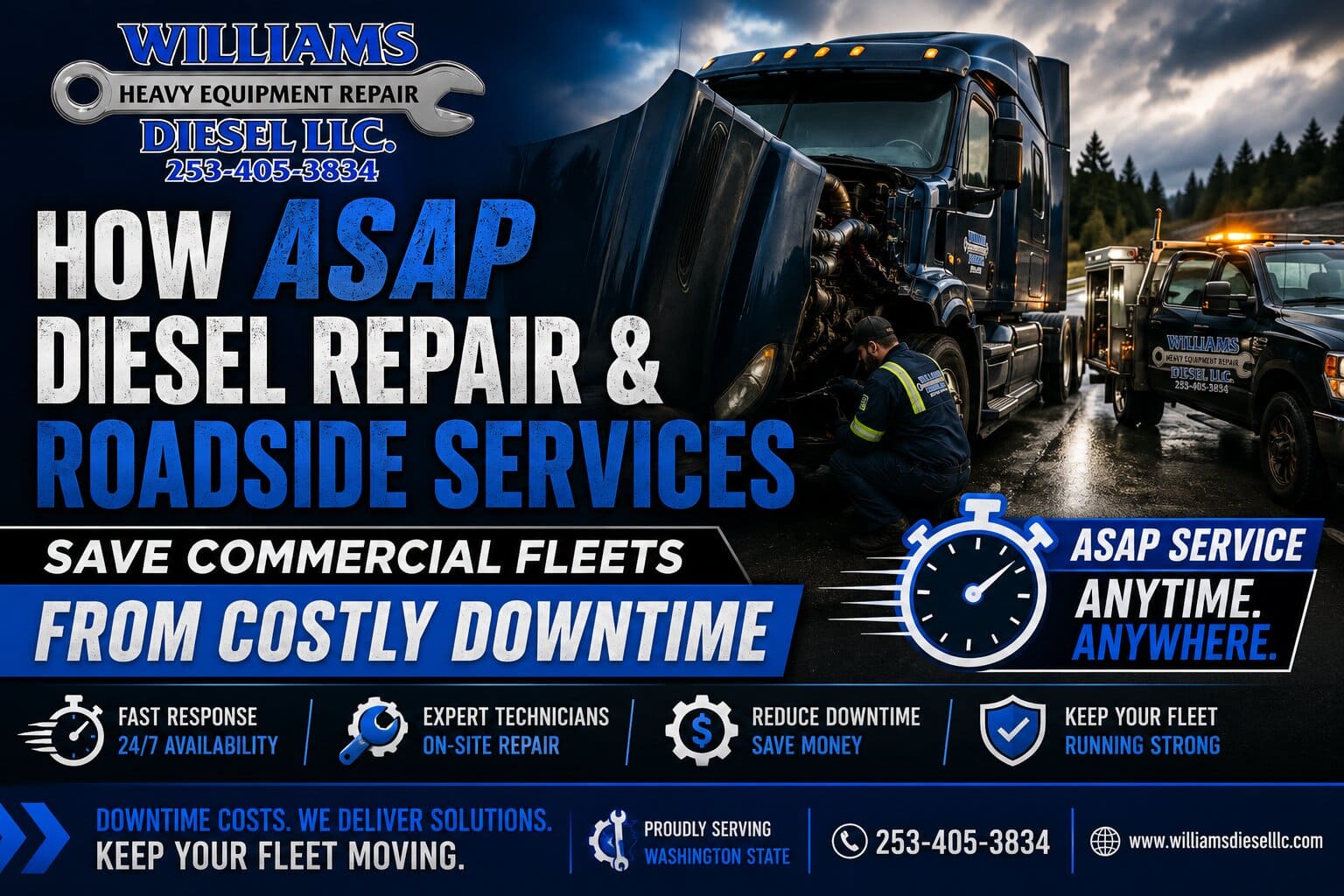 A professional mobile service truck arriving to perform asap diesel repair & roadside assistance on a commercial tractor-trailer stopped on the highway shoulder.