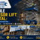 A professional crew using a mobile scissor lift rental to perform maintenance work on the high ceilings of a large industrial warehouse.