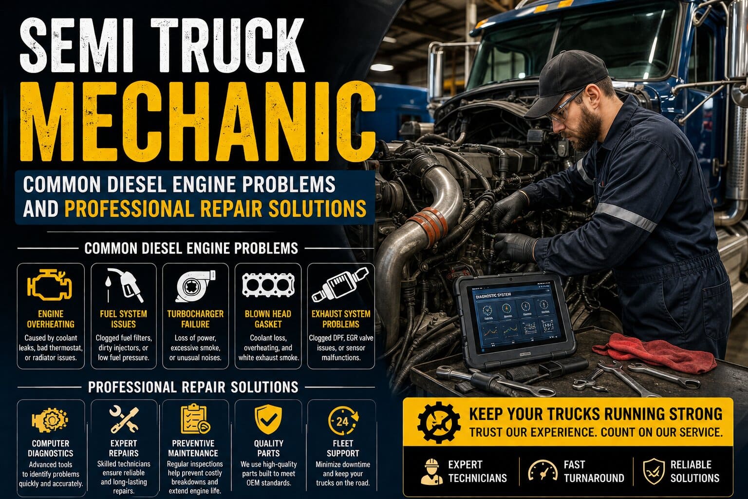 Technician inspecting a commercial diesel truck engine during semi truck mechanic maintenance and repair service in a professional workshop.