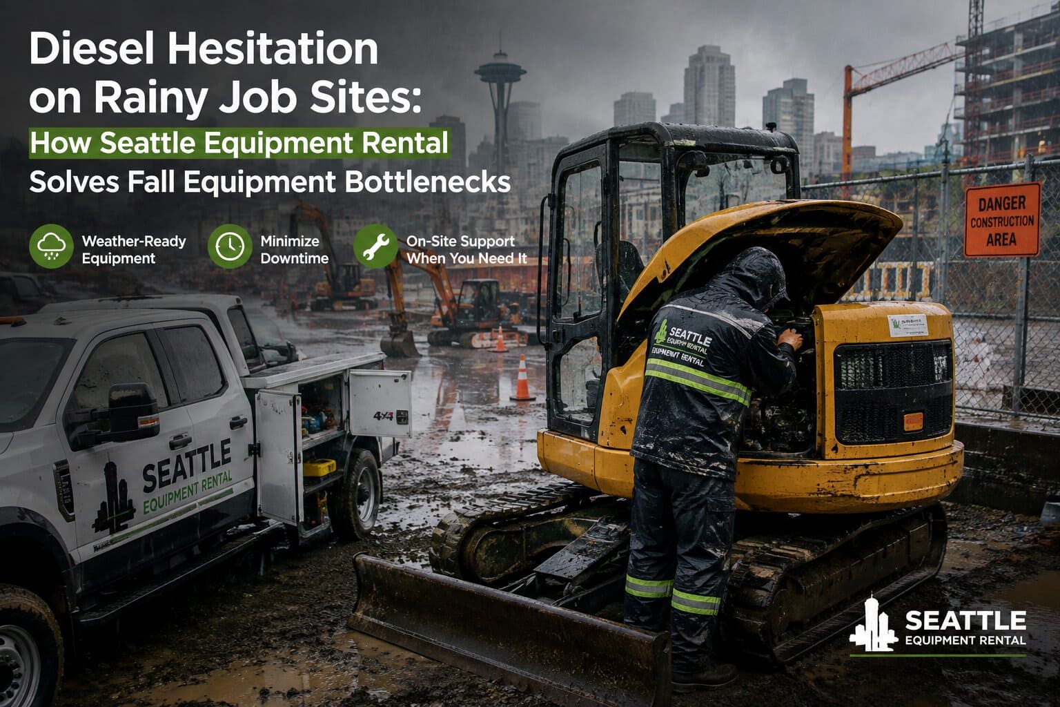 Commercial excavator operating on a wet construction job site using seattle equipment rental services in heavy rain