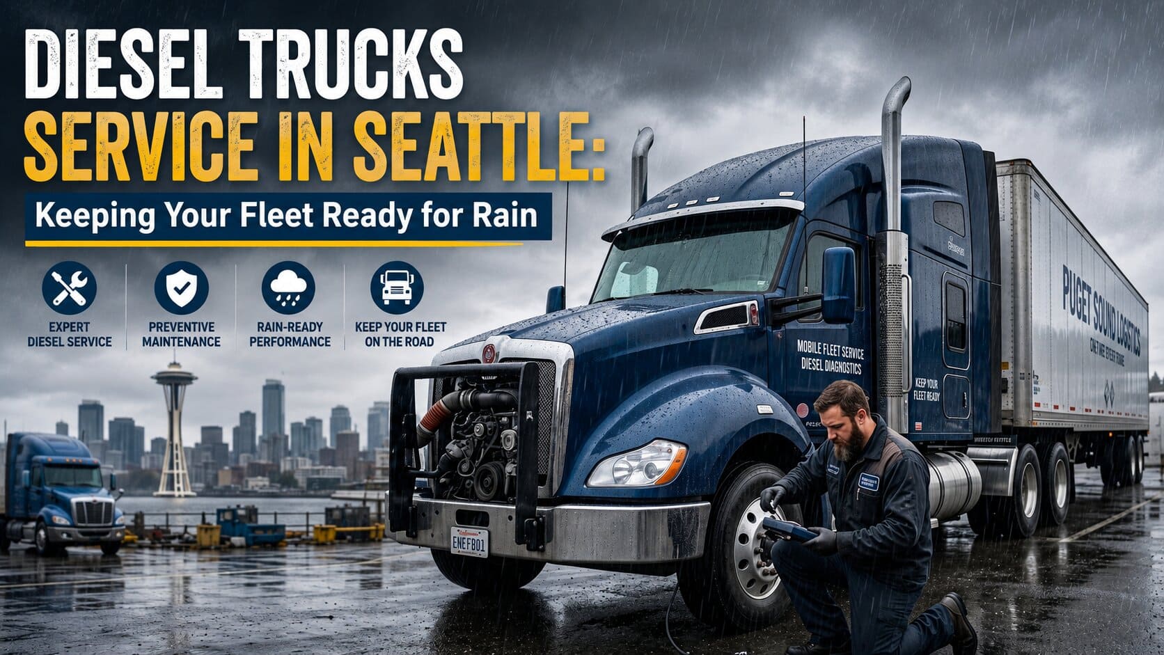 A heavy-duty commercial vehicle receiving professional diesel trucks service from a technician during a rainy day in Seattle, Washington.
