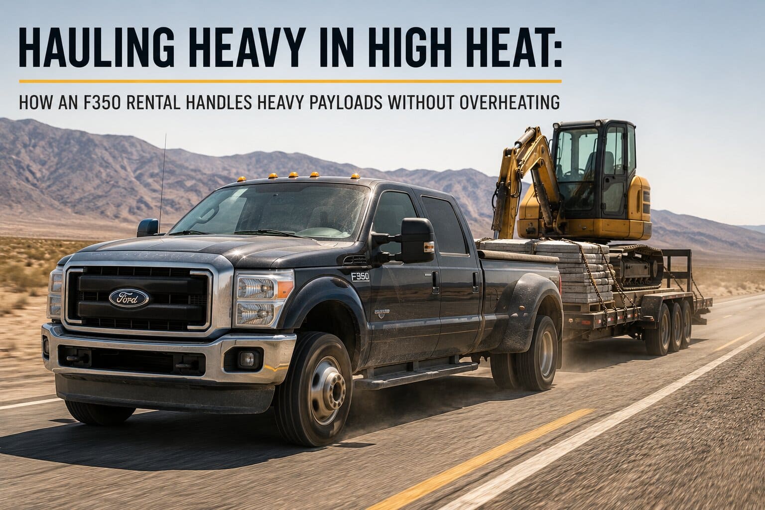 A heavy-duty truck from an f350 rental fleet towing an equipment trailer loaded with an excavator on a sunny Washington highway in summer.